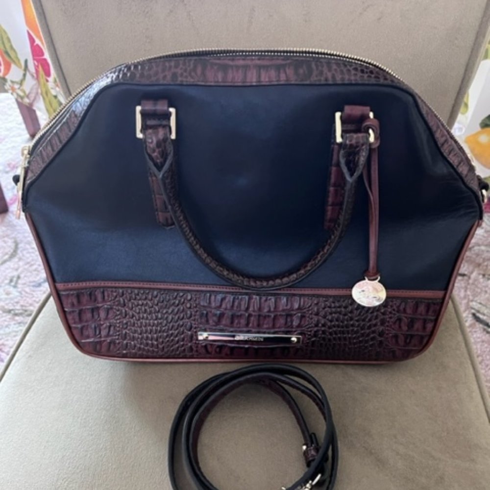 NWOT Brahmin Black Leather w/ Brown Alligator Trim Melbourne Satchel w/ Strap